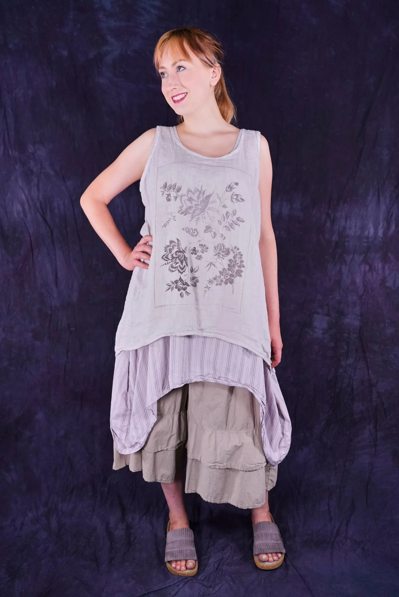 1196 Linen Tank Botanical Imprint Pearl Smoke-P