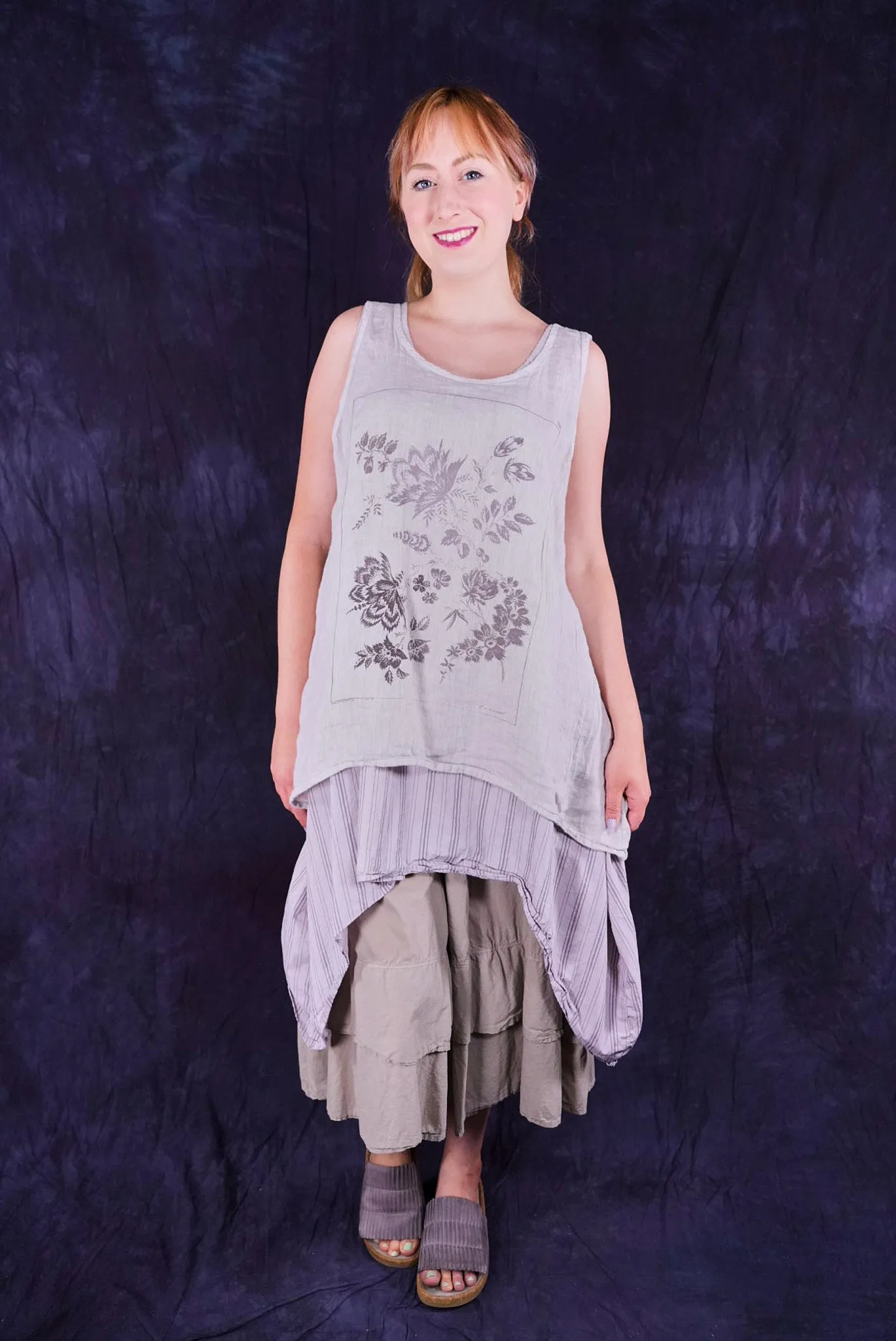 1196 Linen Tank Botanical Imprint Pearl Smoke-P