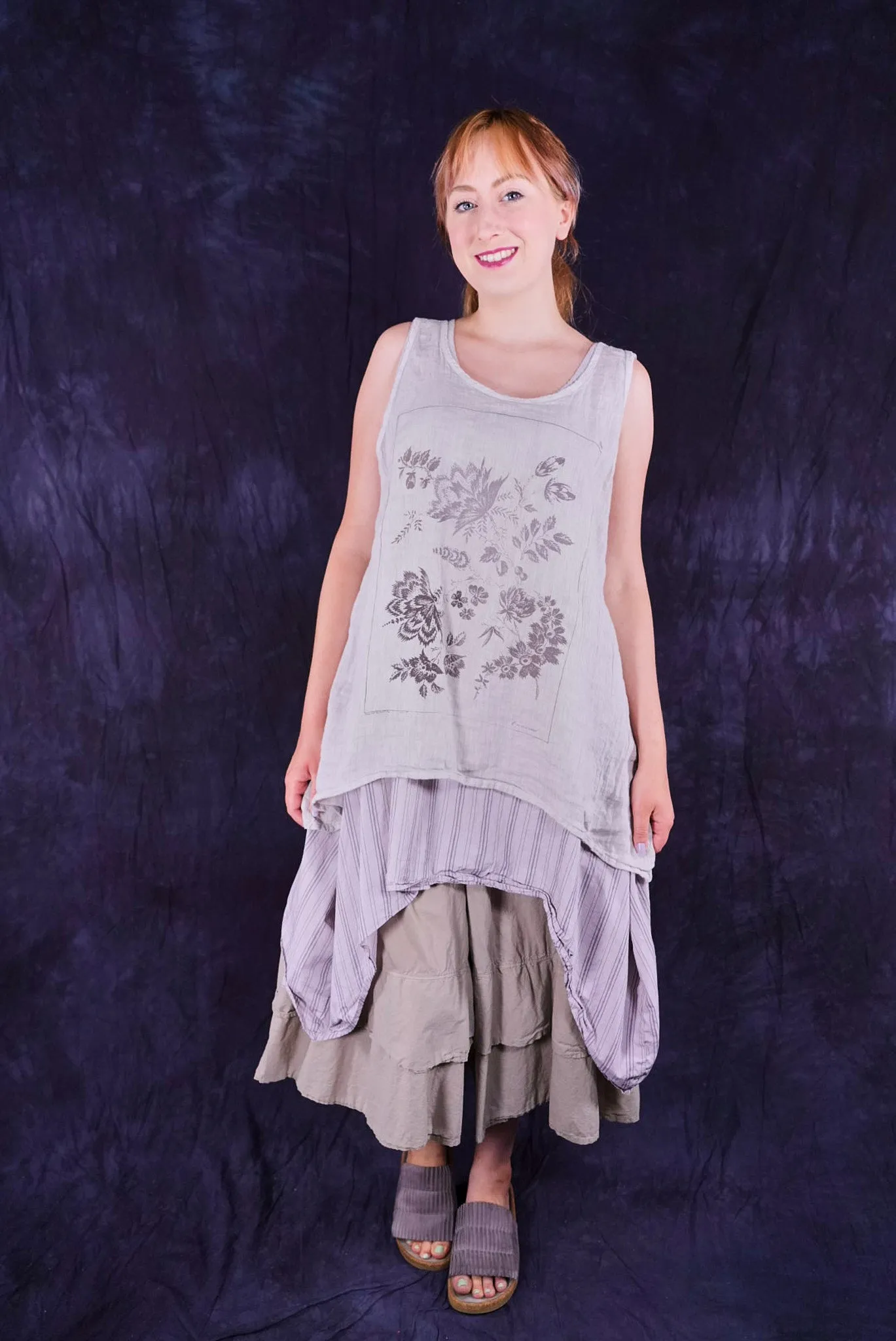 1196 Linen Tank Botanical Imprint Pearl Smoke-P