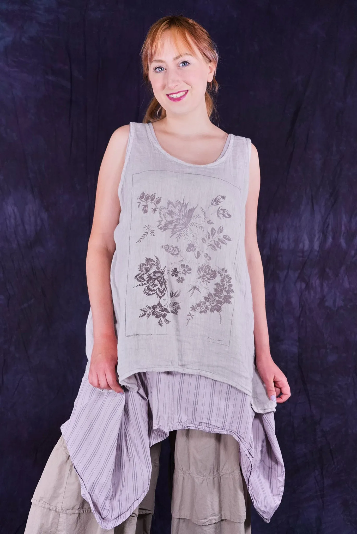 1196 Linen Tank Botanical Imprint Pearl Smoke-P