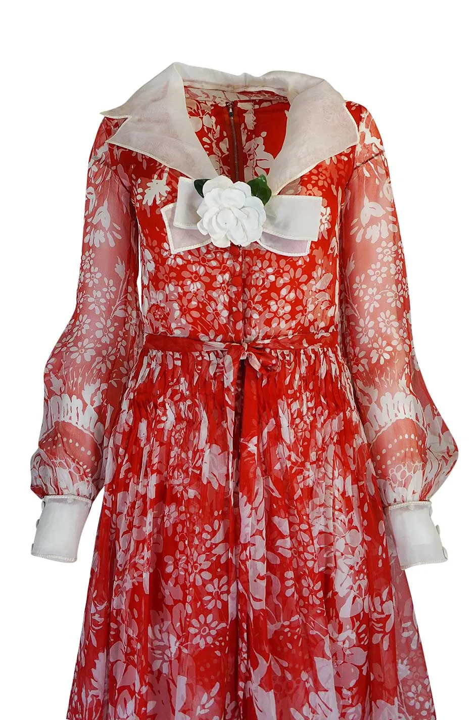 1973 Chanel Numbered Haute Couture Red Silk Chiffon Dress