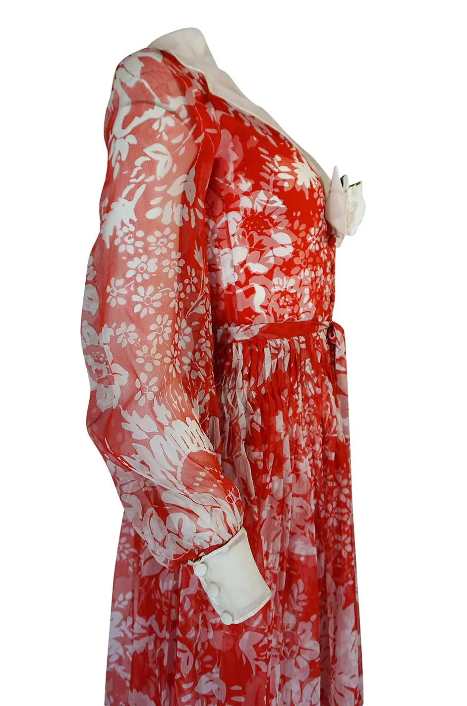 1973 Chanel Numbered Haute Couture Red Silk Chiffon Dress