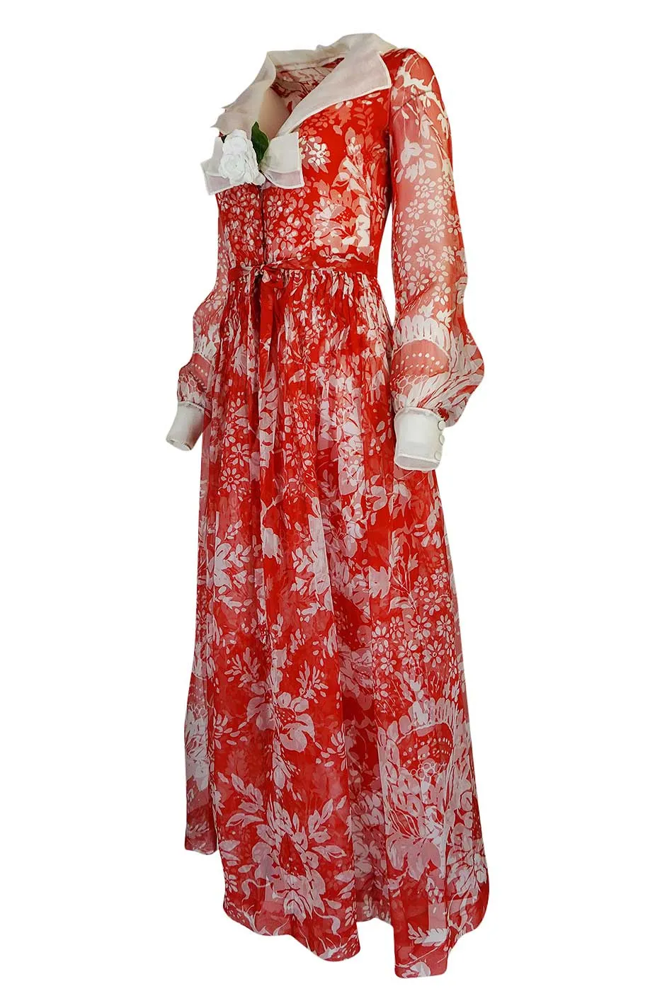 1973 Chanel Numbered Haute Couture Red Silk Chiffon Dress
