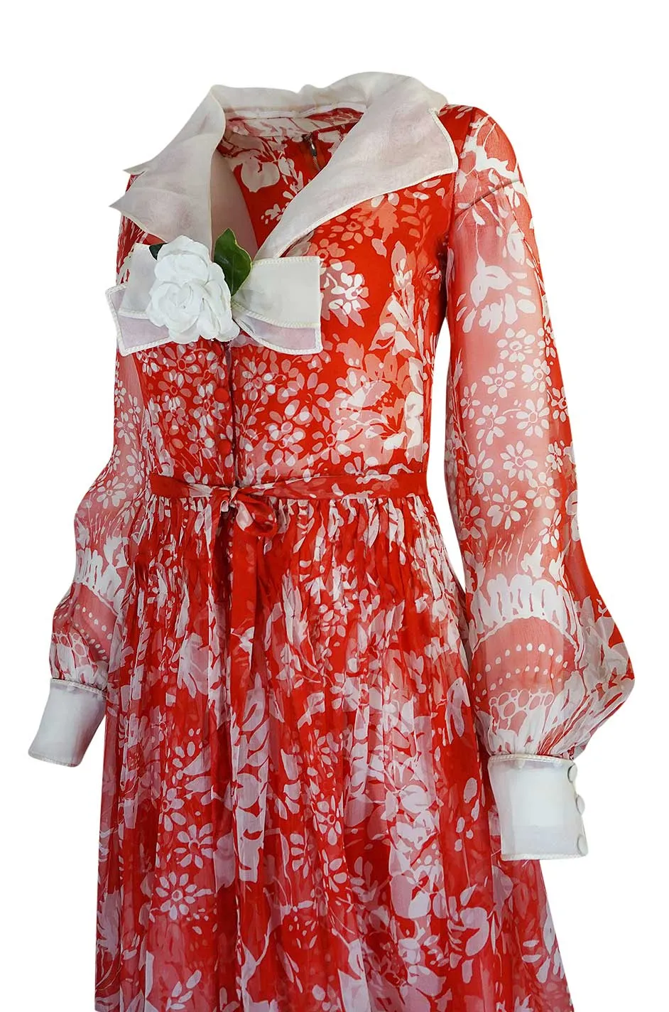 1973 Chanel Numbered Haute Couture Red Silk Chiffon Dress