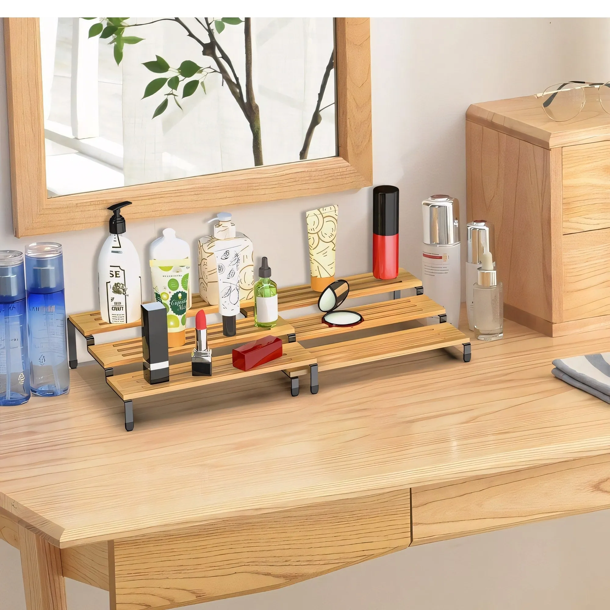 3 Tier Bamboo Spice Rack Freestanding Expandable Seasoning Jars Shelf