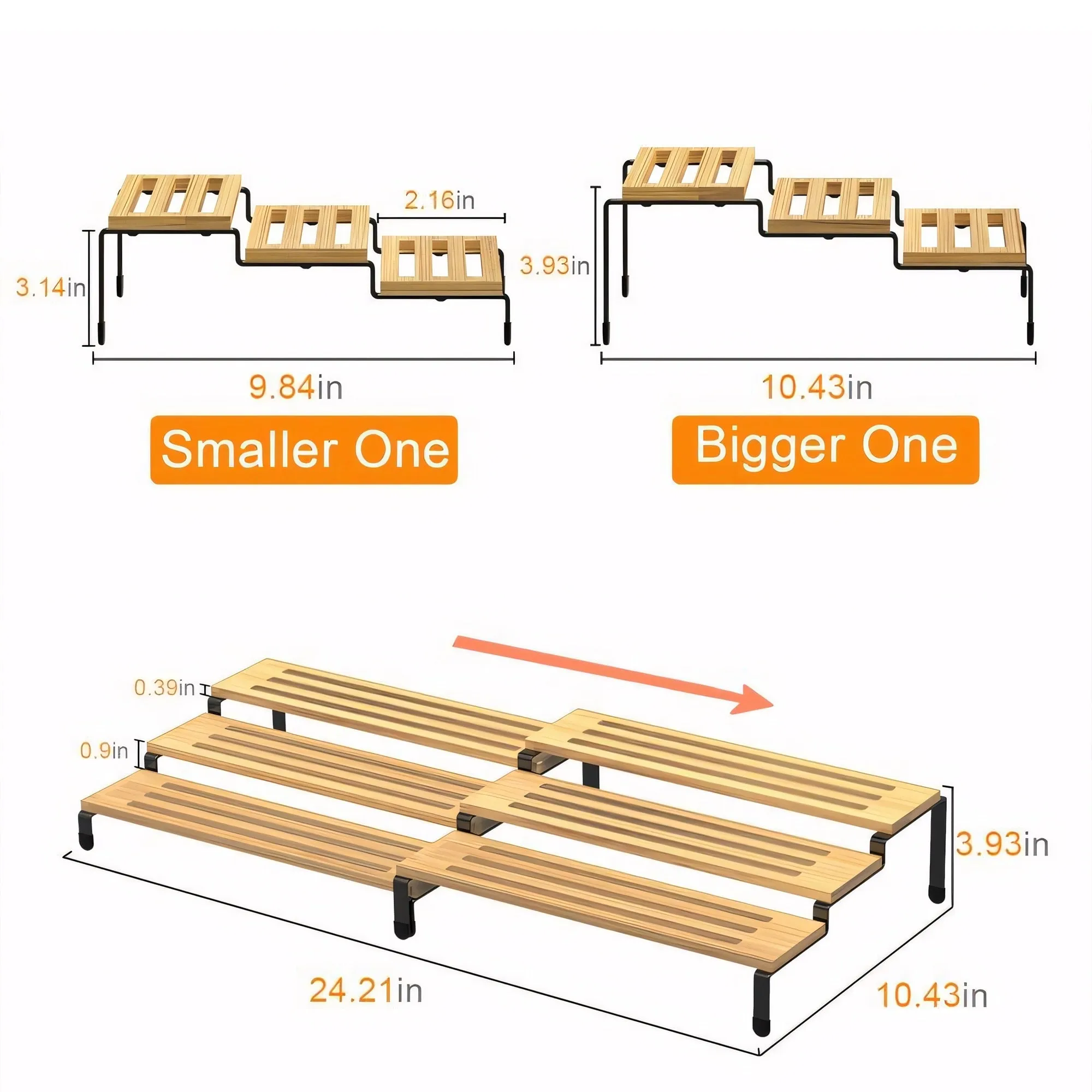 3 Tier Bamboo Spice Rack Freestanding Expandable Seasoning Jars Shelf