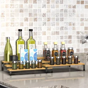 3 Tier Bamboo Spice Rack Freestanding Expandable Seasoning Jars Shelf