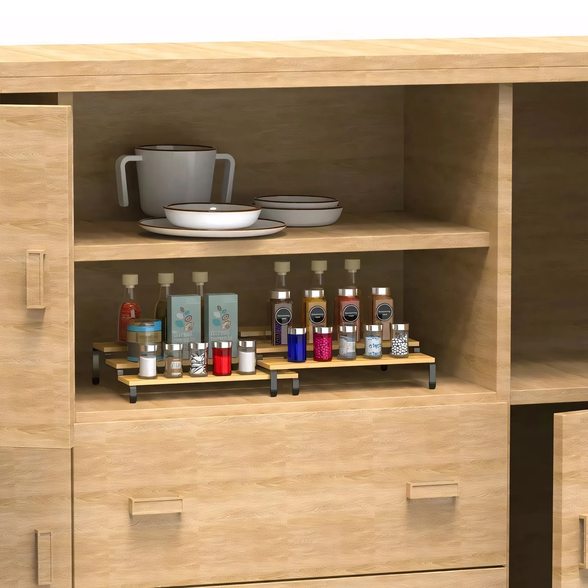 3 Tier Bamboo Spice Rack Freestanding Expandable Seasoning Jars Shelf