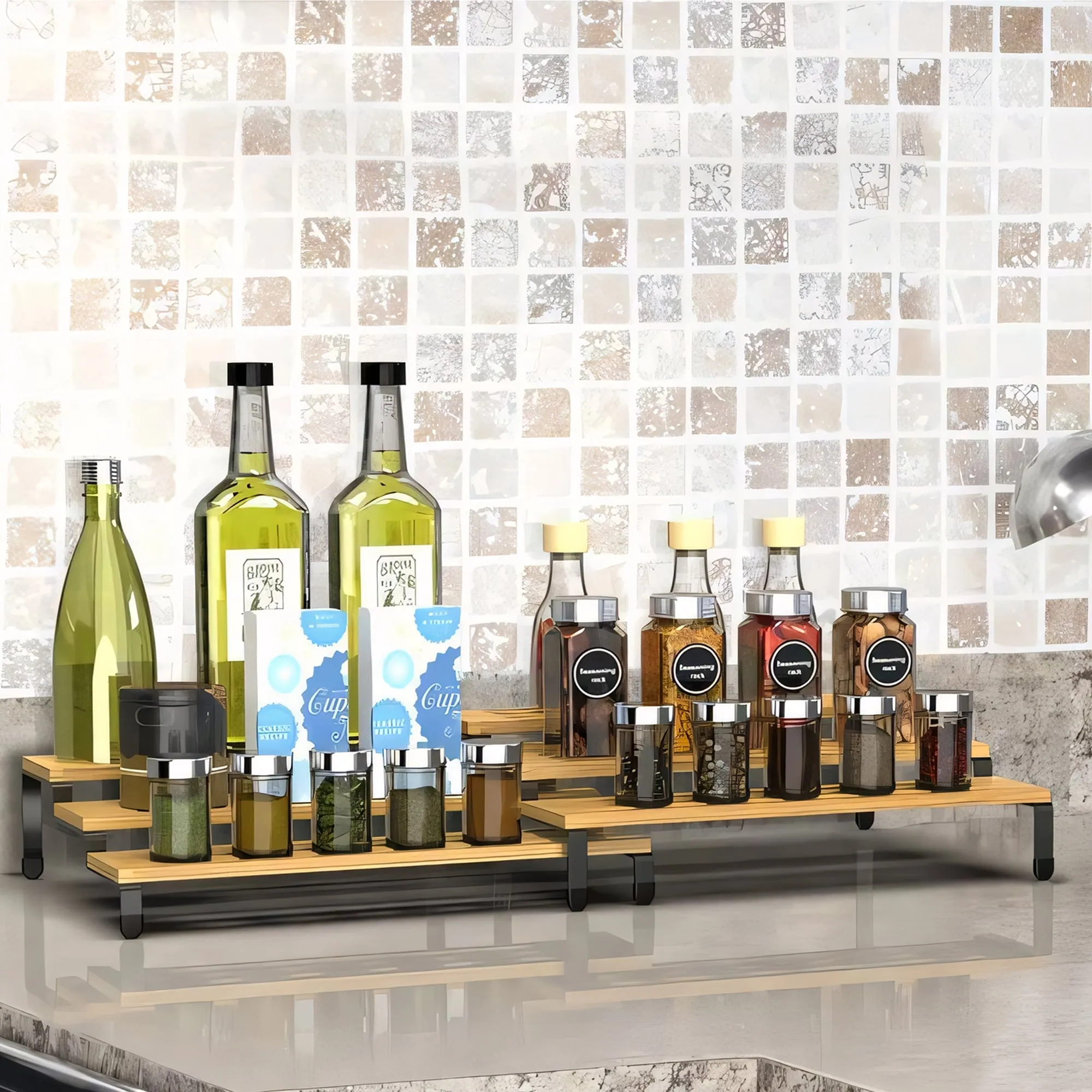 3 Tier Bamboo Spice Rack Freestanding Expandable Seasoning Jars Shelf