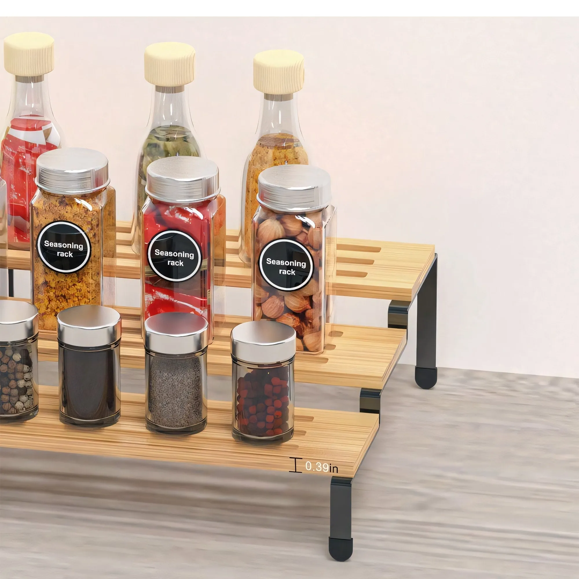 3 Tier Bamboo Spice Rack Freestanding Expandable Seasoning Jars Shelf