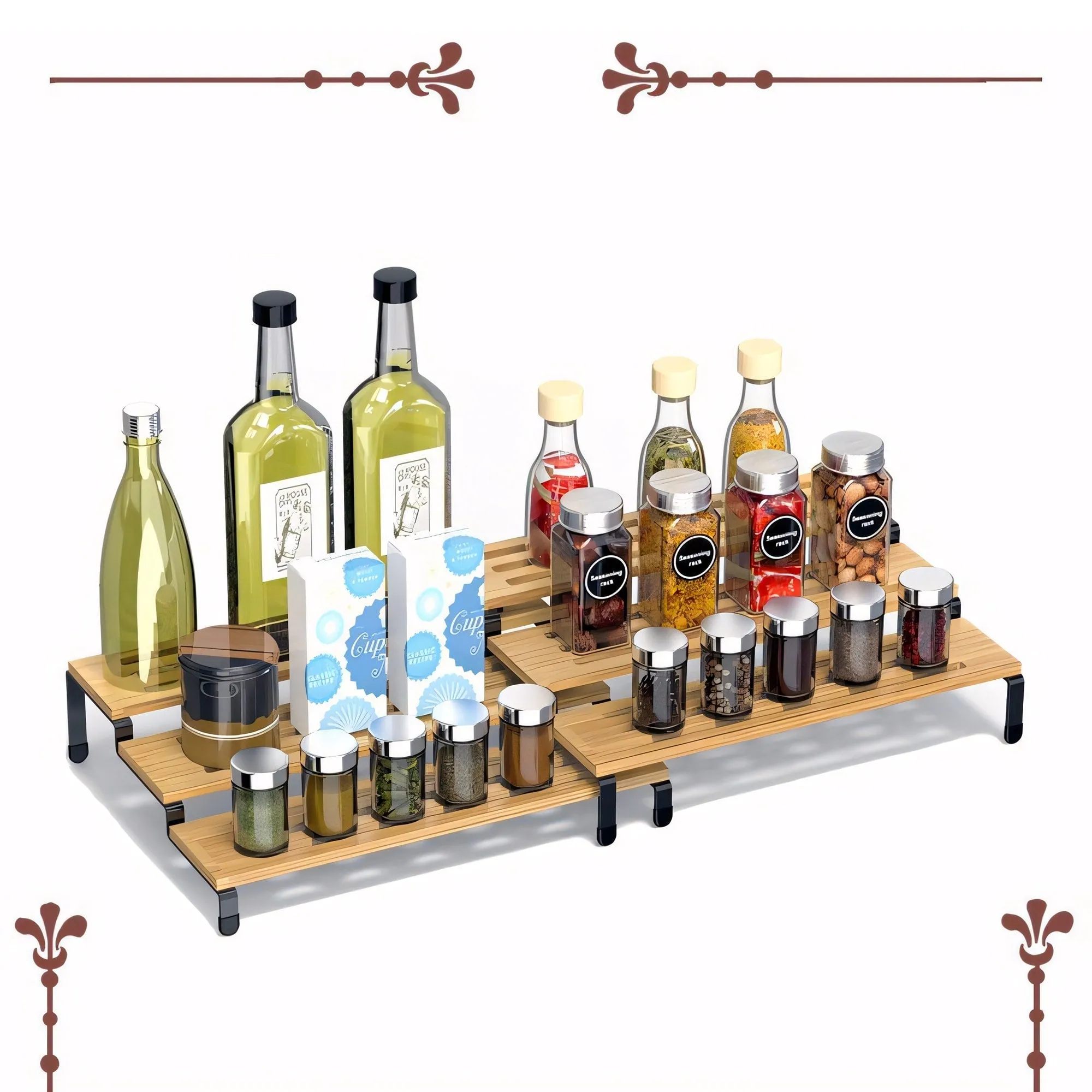 3 Tier Bamboo Spice Rack Freestanding Expandable Seasoning Jars Shelf