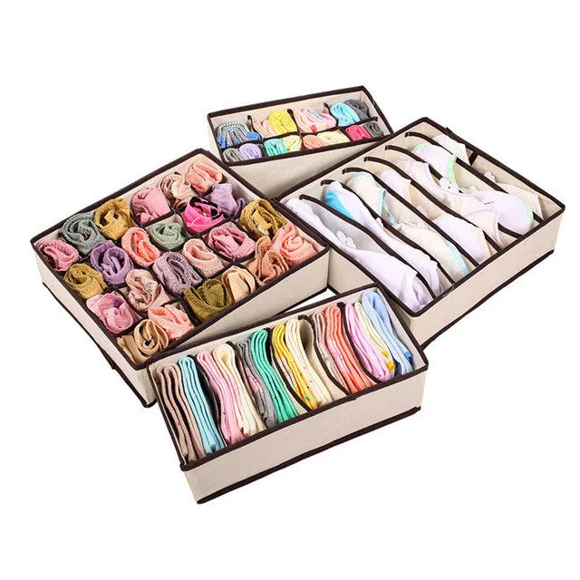 4PCS Nonwoven Beige Storage Box Container Drawer Divider Lidded Closet Boxes For Ties Socks Bra Underwear Organizer