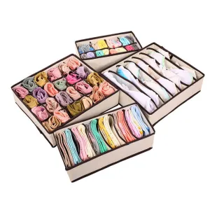 4PCS Nonwoven Beige Storage Box Container Drawer Divider Lidded Closet Boxes For Ties Socks Bra Underwear Organizer