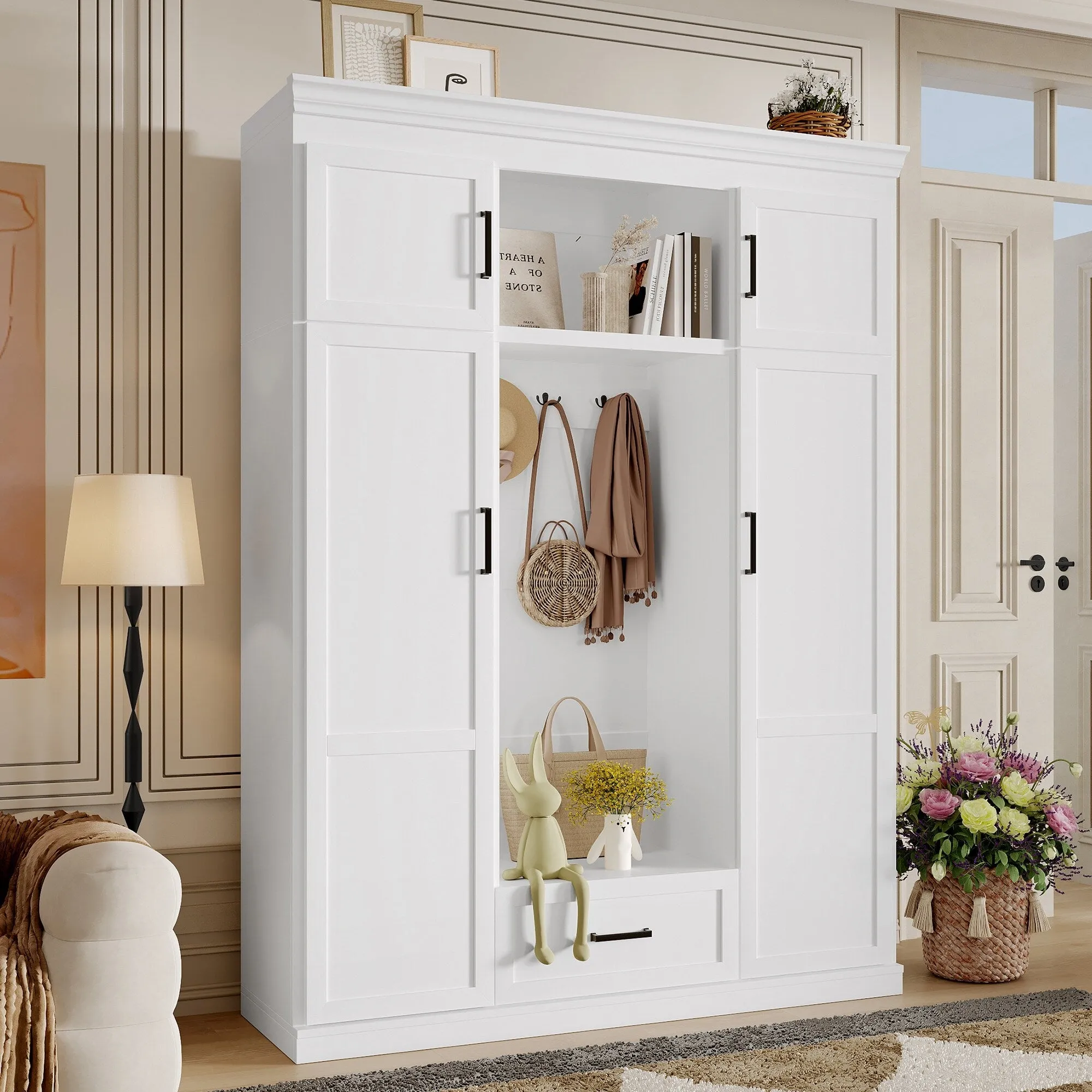 85 Inch Tall MDF Hall Tree with Bench, Entryway Storage Organizer with 4 Doors, 5 Drawers and Adjustable Shelves