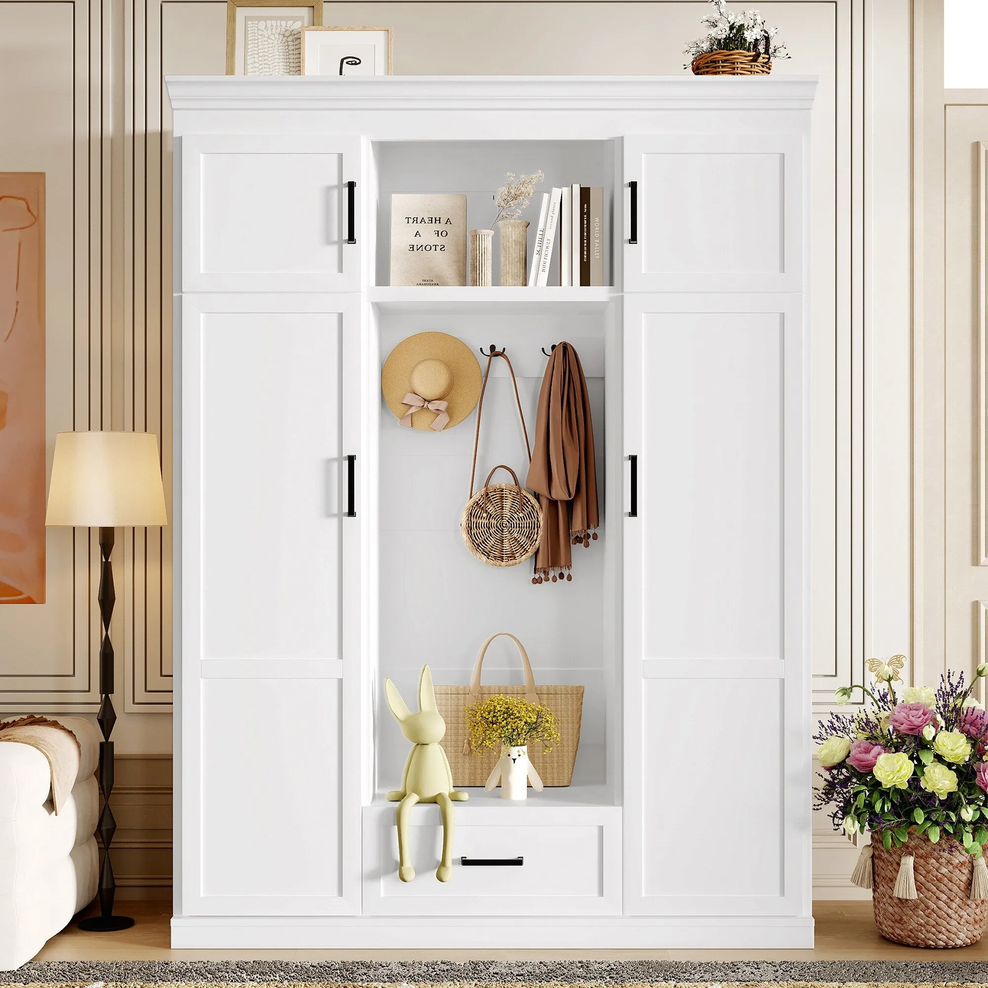 85 Inch Tall MDF Hall Tree with Bench, Entryway Storage Organizer with 4 Doors, 5 Drawers and Adjustable Shelves