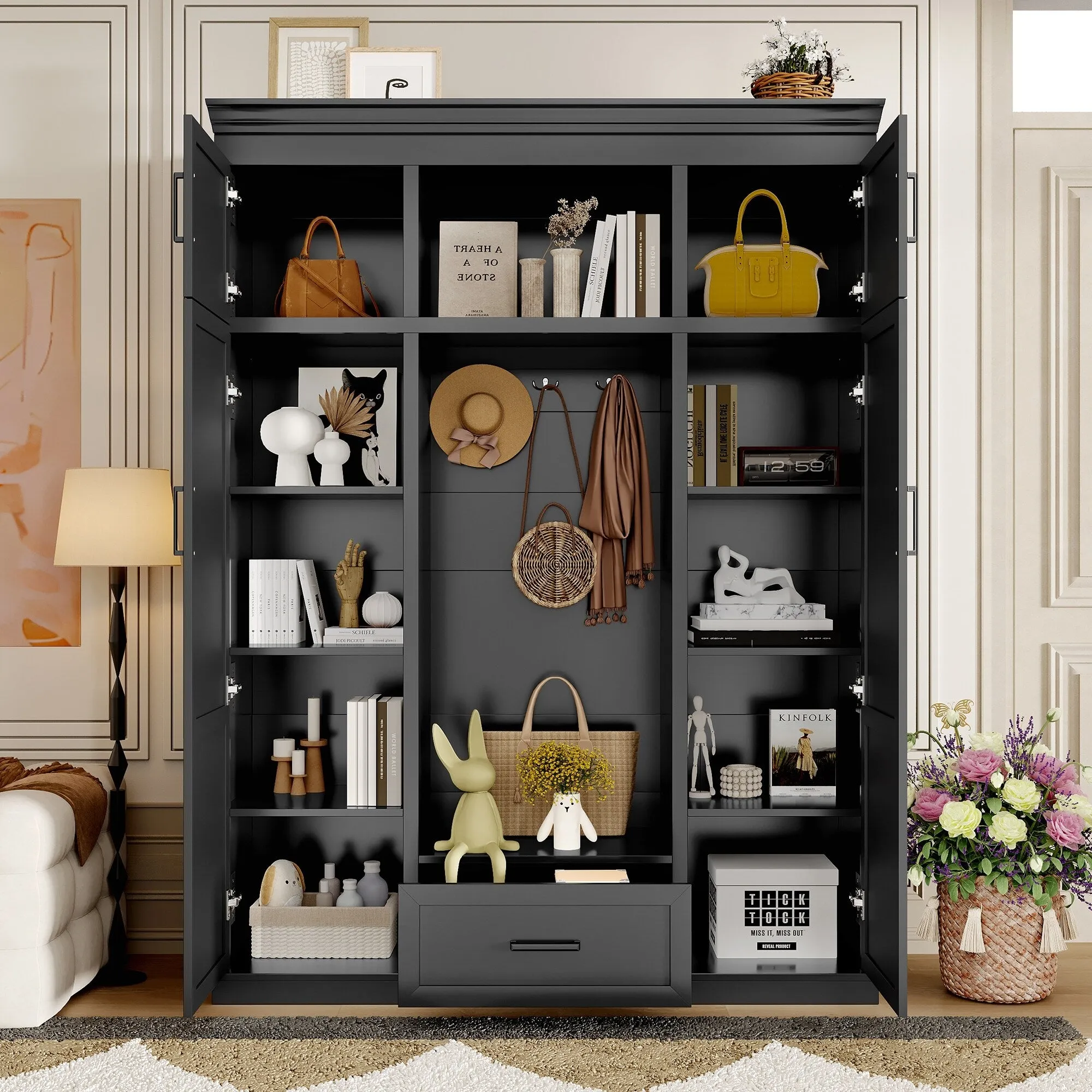 85 Inch Tall MDF Hall Tree with Bench, Entryway Storage Organizer with 4 Doors, 5 Drawers and Adjustable Shelves