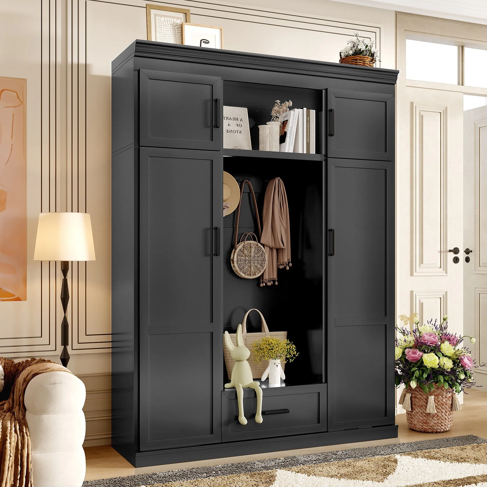 85 Inch Tall MDF Hall Tree with Bench, Entryway Storage Organizer with 4 Doors, 5 Drawers and Adjustable Shelves