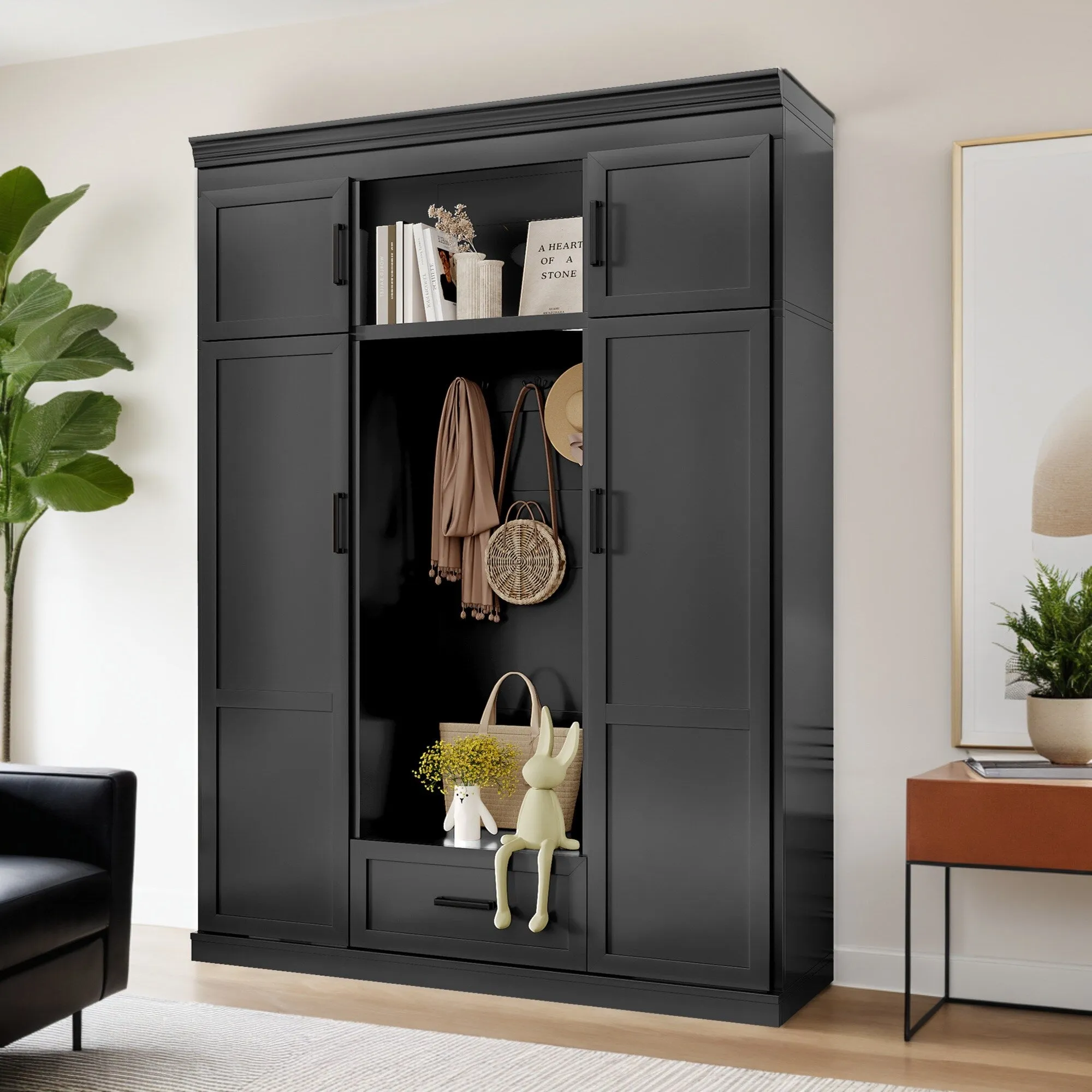 85.2''H Hall Tree with Bench and 3 Hooks, Modern Entryway Storage Organizer Cabinet , 1 Drawer and Adjustable Shelves