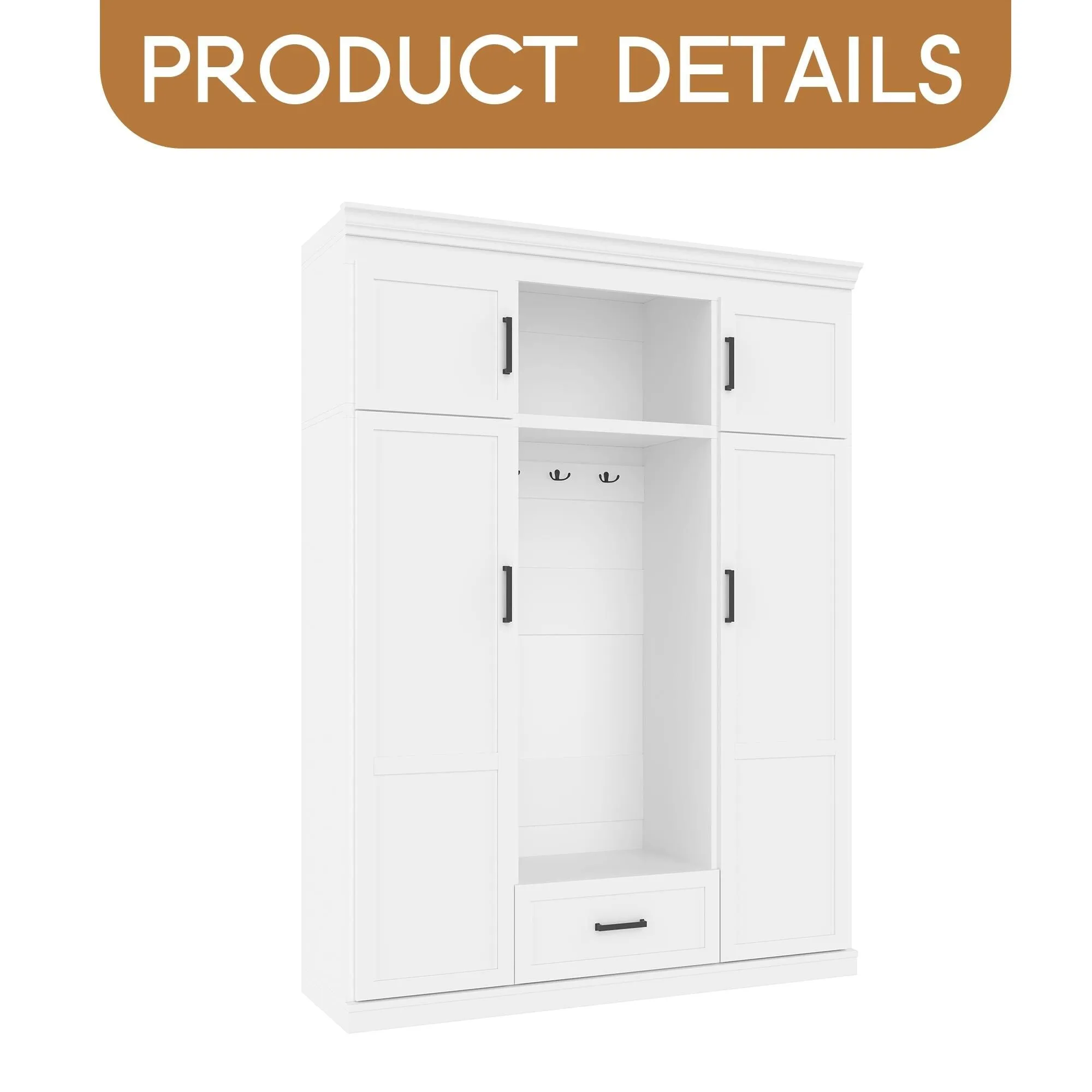 85.2''H Hall Tree with Bench and 3 Hooks, Modern Entryway Storage Organizer Cabinet , 1 Drawer and Adjustable Shelves