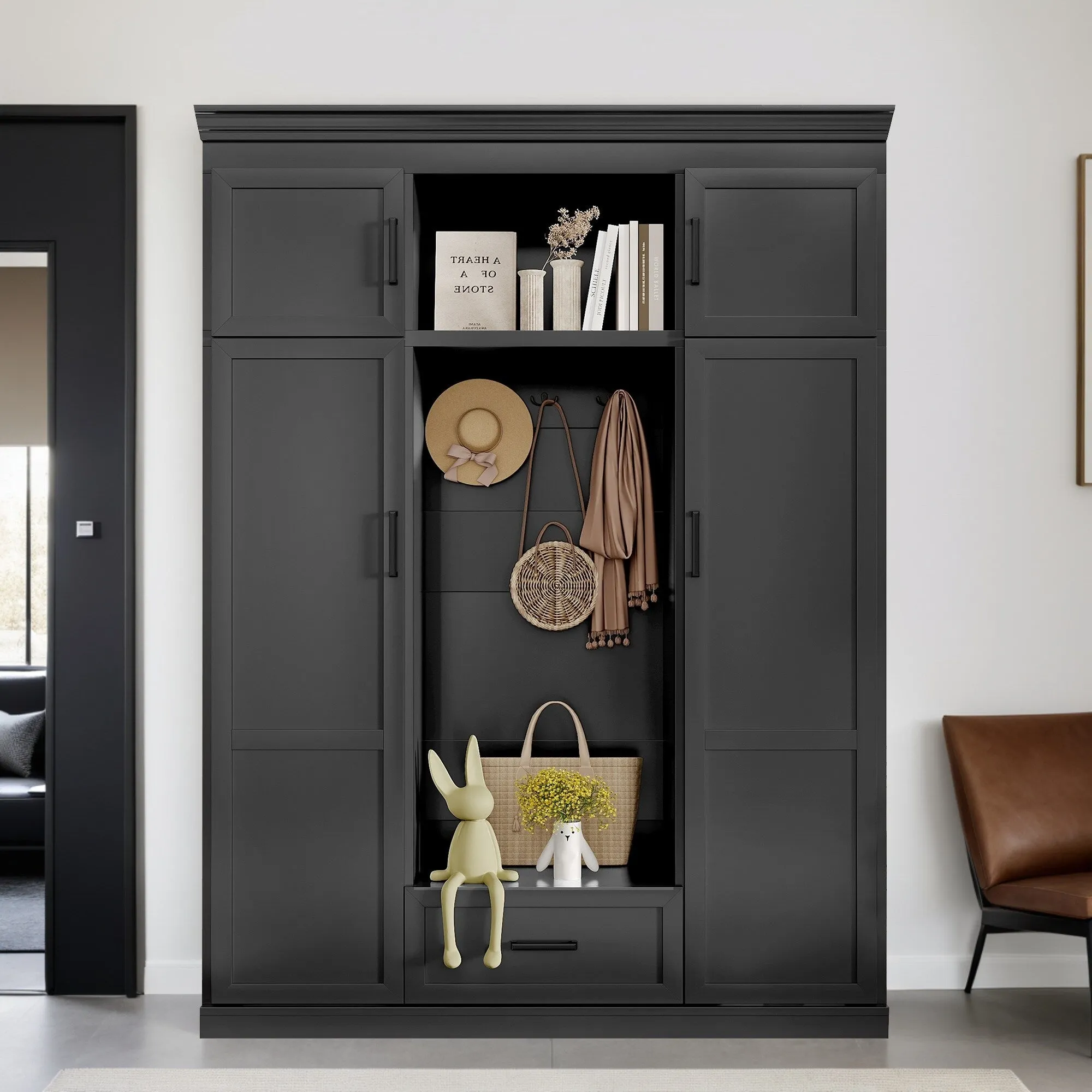 85.2''H Hall Tree with Bench and 3 Hooks, Modern Entryway Storage Organizer Cabinet , 1 Drawer and Adjustable Shelves