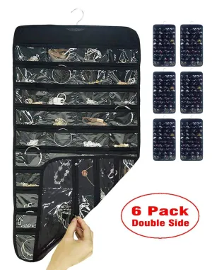 AARainbow 6 Packs Hanging Plastic Jewelry Organizer Bag 80 Pockets Dual-Sided Non-Woven Transparent Foldable Organizers and Storage for Closet Nightstand Drawer Women Girl (6 Black)