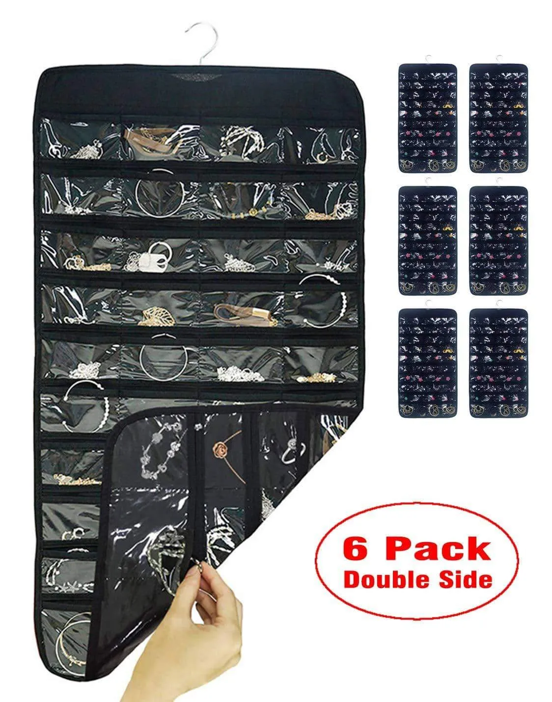 AARainbow 6 Packs Hanging Plastic Jewelry Organizer Bag 80 Pockets Dual-Sided Non-Woven Transparent Foldable Organizers and Storage for Closet Nightstand Drawer Women Girl (6 Black)
