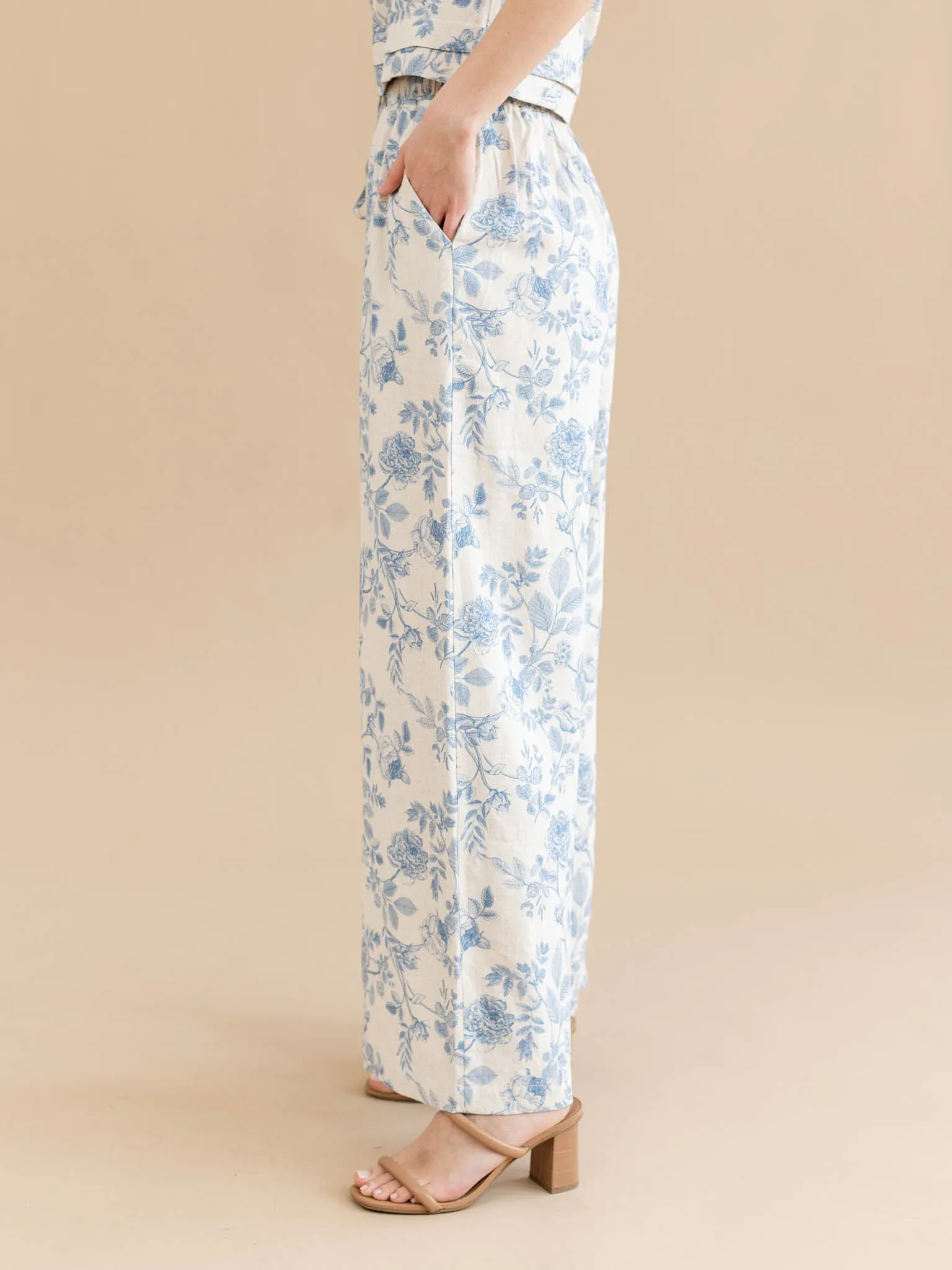 Allie Rose Blue Blossom Printed Soft Linen Pant