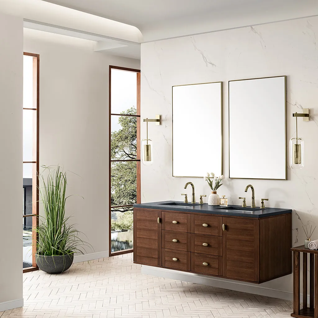 Amberly 6 Drawers And 2 Doors Bathroom Vanity with Quartz Sink - Wall Mount - 60" Wood/Walnut