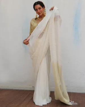 Ammini Handwoven Linen Zari Saree - Onam