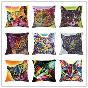 Animal Cartoon Style Throwpillow Decor Cushion Linen Cotton Colorful Cat Printed Pattern Throw Pillow Cushion Home Decor