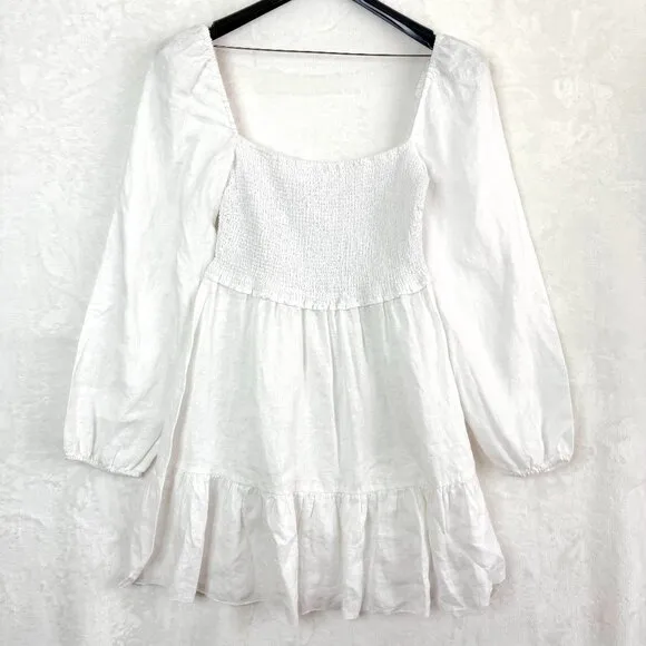 Aritzia Wilfred New Tempest 100% Organic Linen Mini Dress Womens L White Smocked