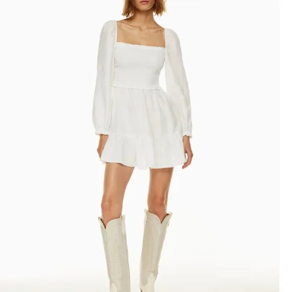 Aritzia Wilfred New Tempest 100% Organic Linen Mini Dress Womens L White Smocked