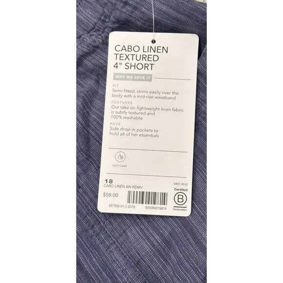 Athleta Cabo Linen Textured 4” Shorts Size 18 NWT Color Blue