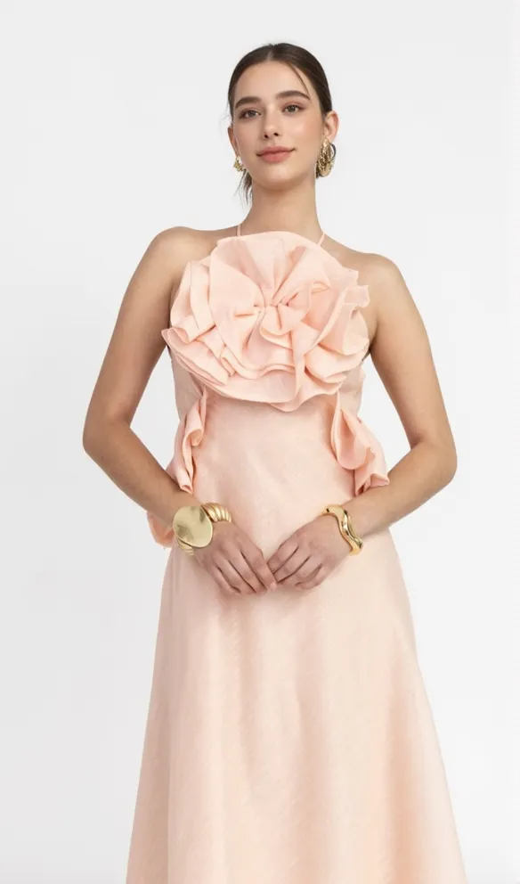 aurora Halter Neck Ruffle Maxi Dress in pink