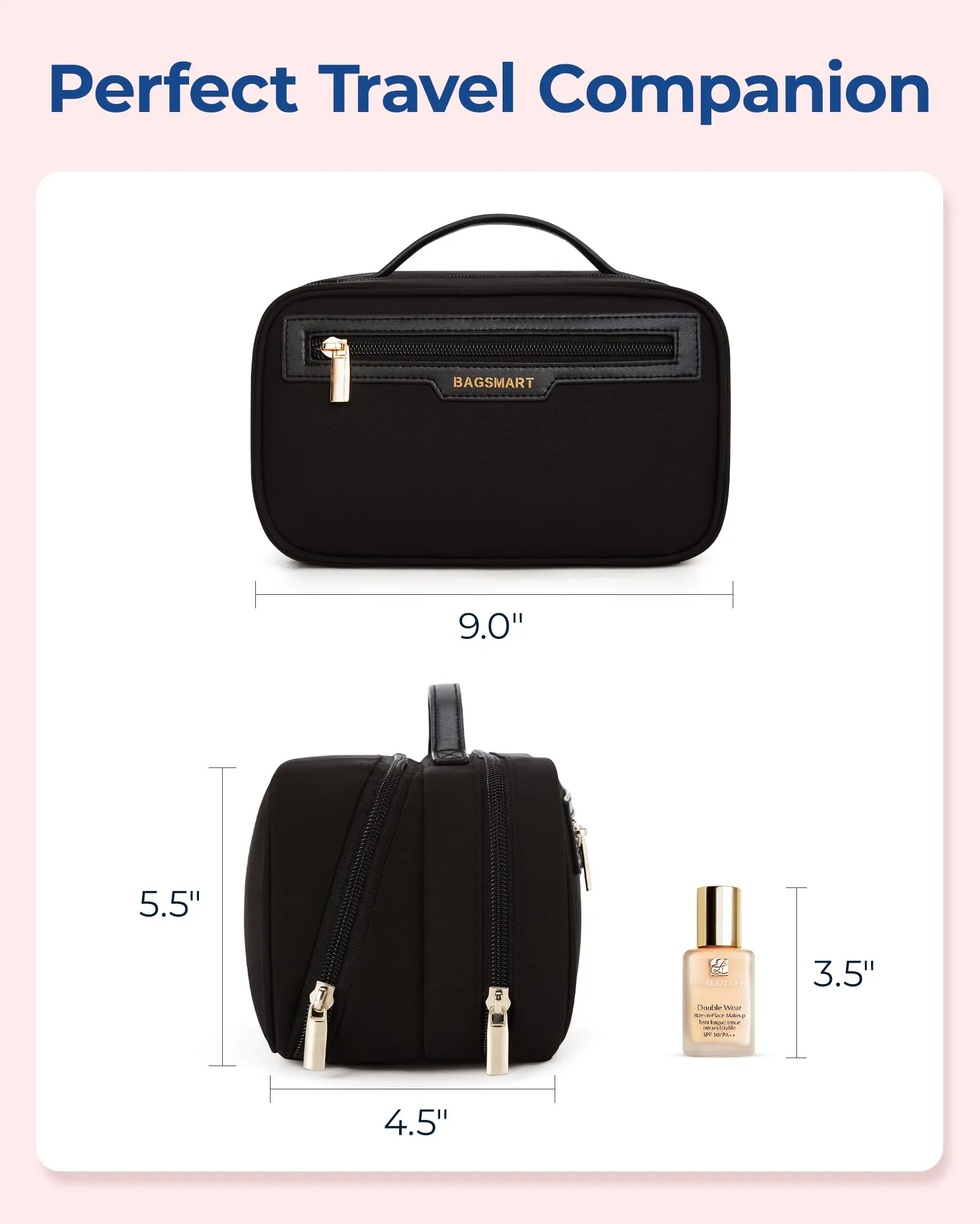 BAGSMART Toiletry Bag for Women, Travel Makeup Bag Organizer, Wide-open Make Up Bag Cosmetic Bags for Women for Travel Essentials Toiletries Accessories Bottles, Brushes, Black