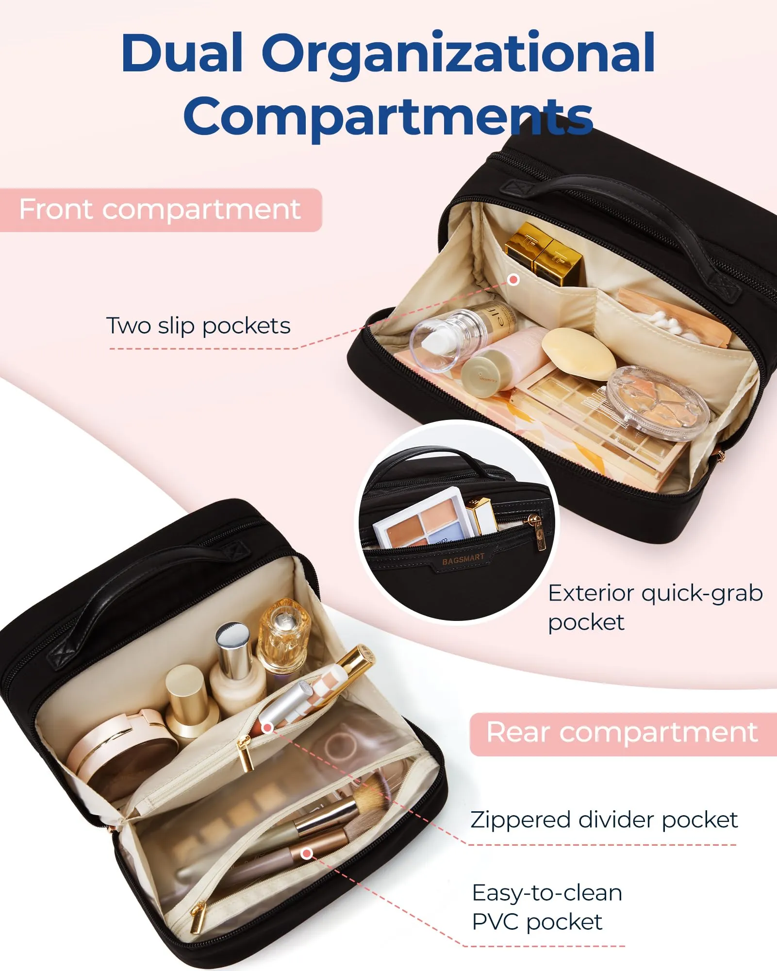 BAGSMART Toiletry Bag for Women, Travel Makeup Bag Organizer, Wide-open Make Up Bag Cosmetic Bags for Women for Travel Essentials Toiletries Accessories Bottles, Brushes, Black