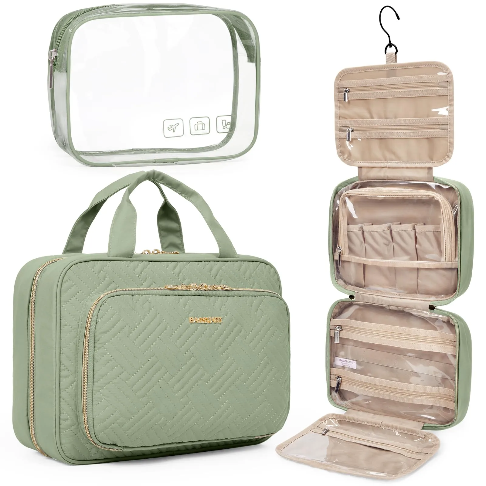 BAGSMART Toiletry Bag Hanging Travel Makeup Organizer with TSA Approved Transparent Cosmetic Bag Makeup Bag for Full Sized Toiletries, Large-Green