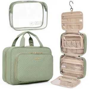 BAGSMART Toiletry Bag Hanging Travel Makeup Organizer with TSA Approved Transparent Cosmetic Bag Makeup Bag for Full Sized Toiletries, Large-Green