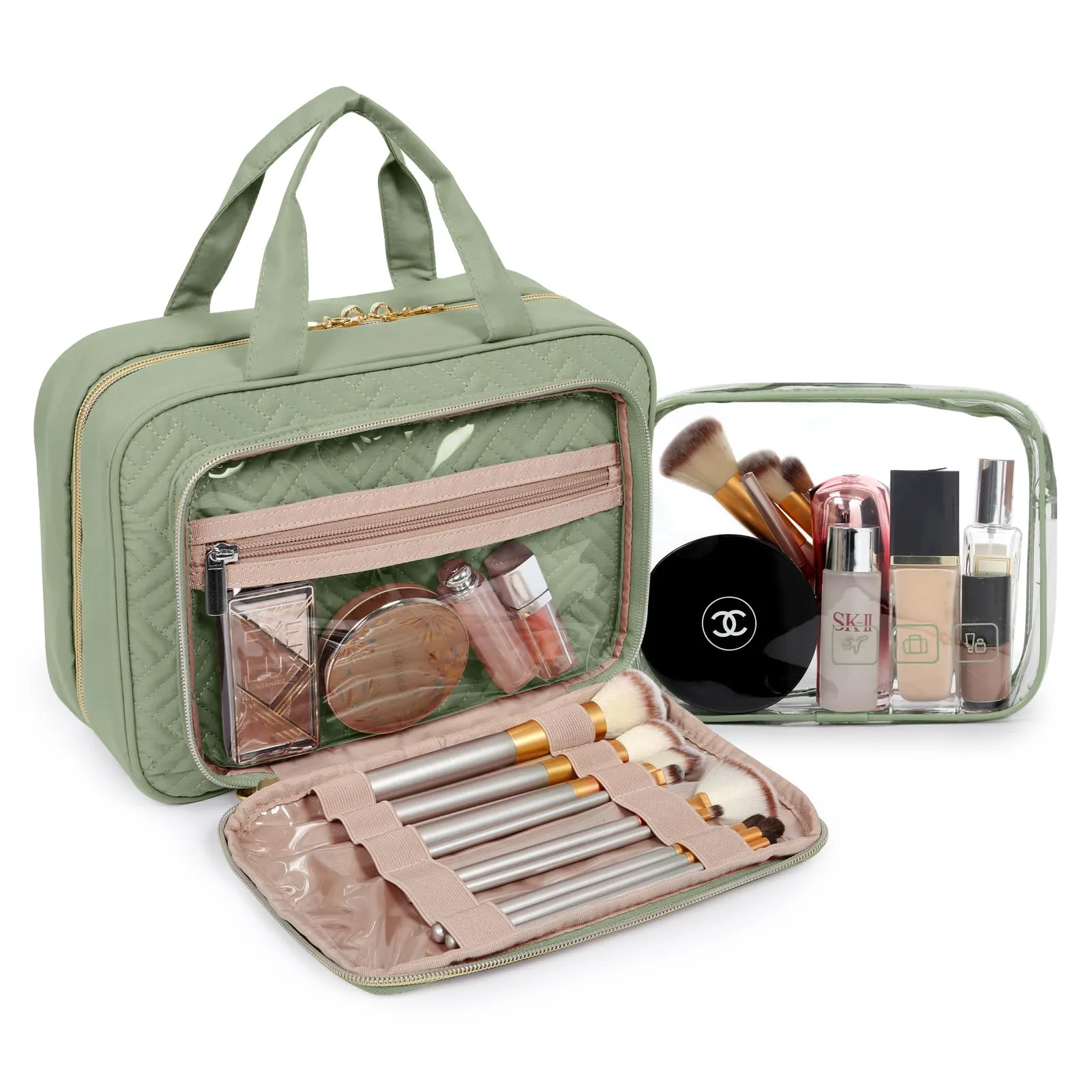 BAGSMART Toiletry Bag Hanging Travel Makeup Organizer with TSA Approved Transparent Cosmetic Bag Makeup Bag for Full Sized Toiletries, Large-Green