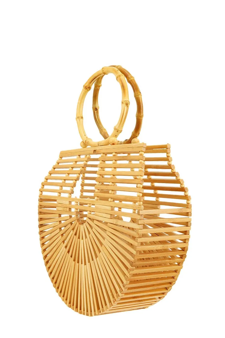 Bamboo Arc Shaped Top Handle Bag - Beige