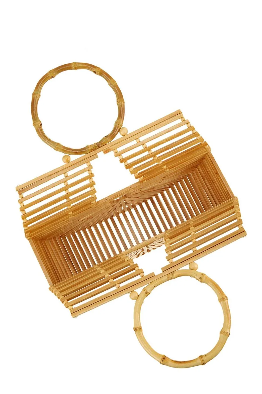 Bamboo Arc Shaped Top Handle Bag - Beige