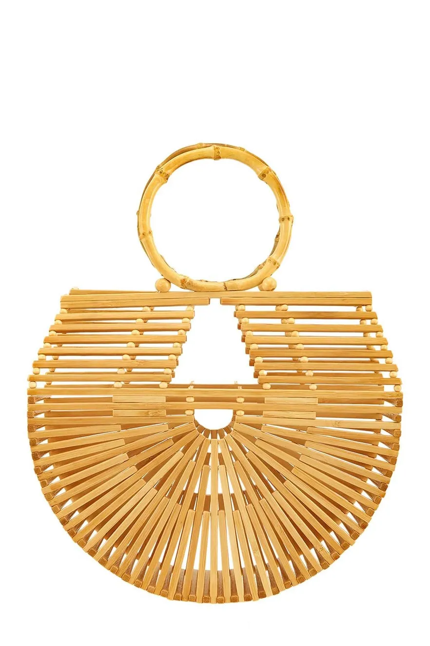 Bamboo Arc Shaped Top Handle Bag - Beige