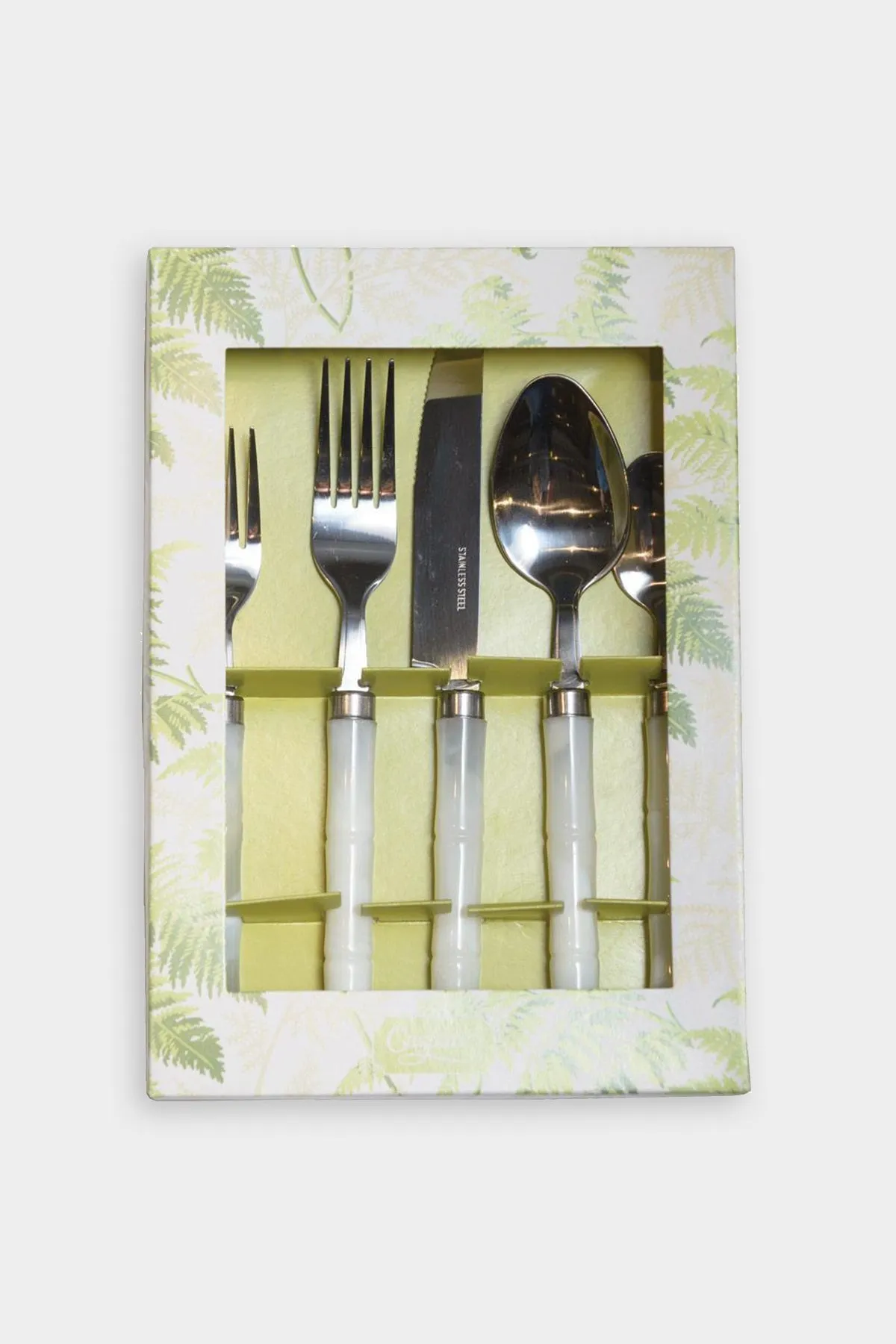 Bamboo Handle 5-Piece Stainless Steel Picnicware Set in White