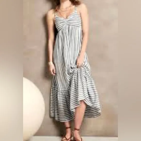 Banana Republic Linen Gray White Striped Sleeveless Maxi Dress SZ L NWT NEW