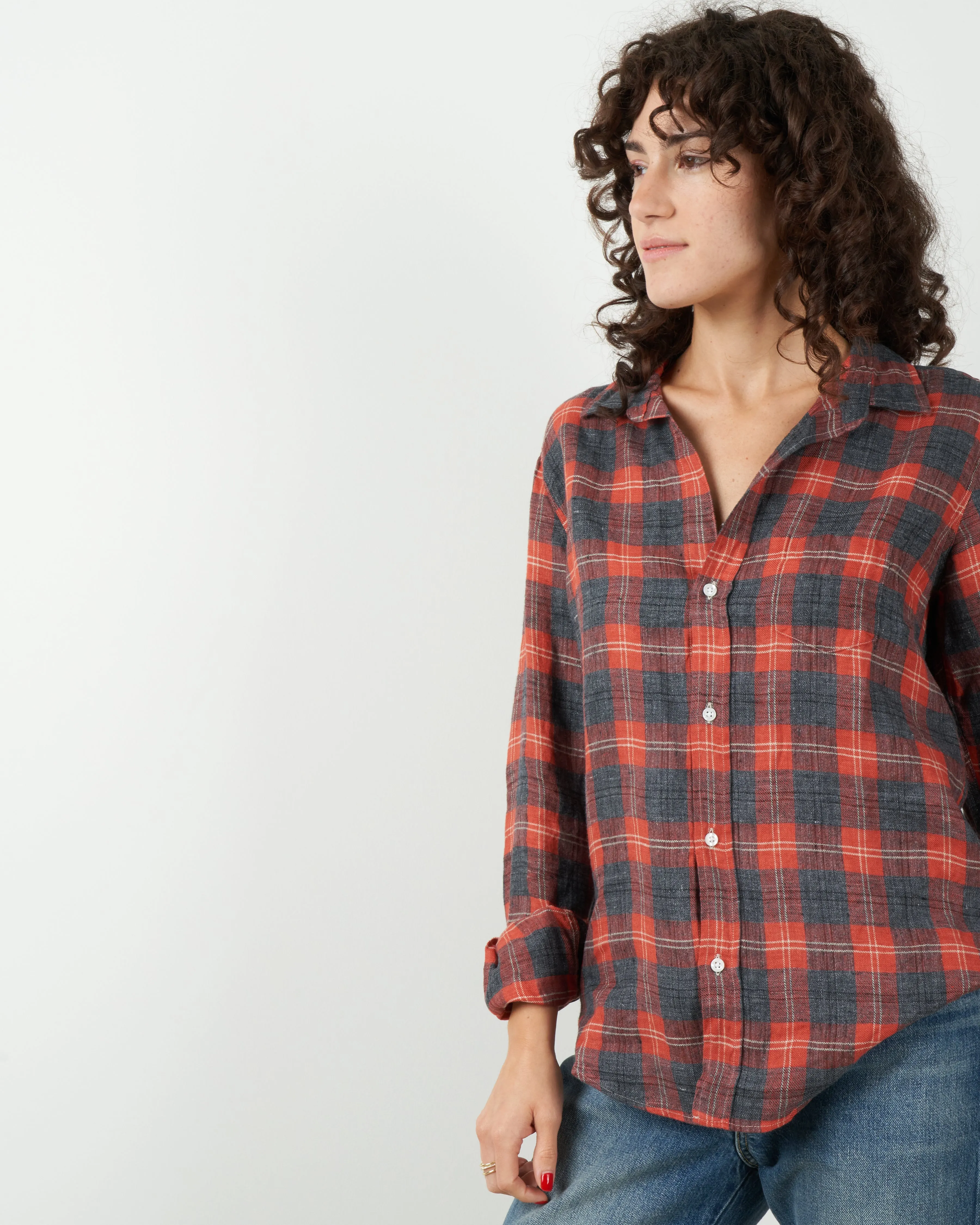 barry linen flannel button down - salmon & grey plaid