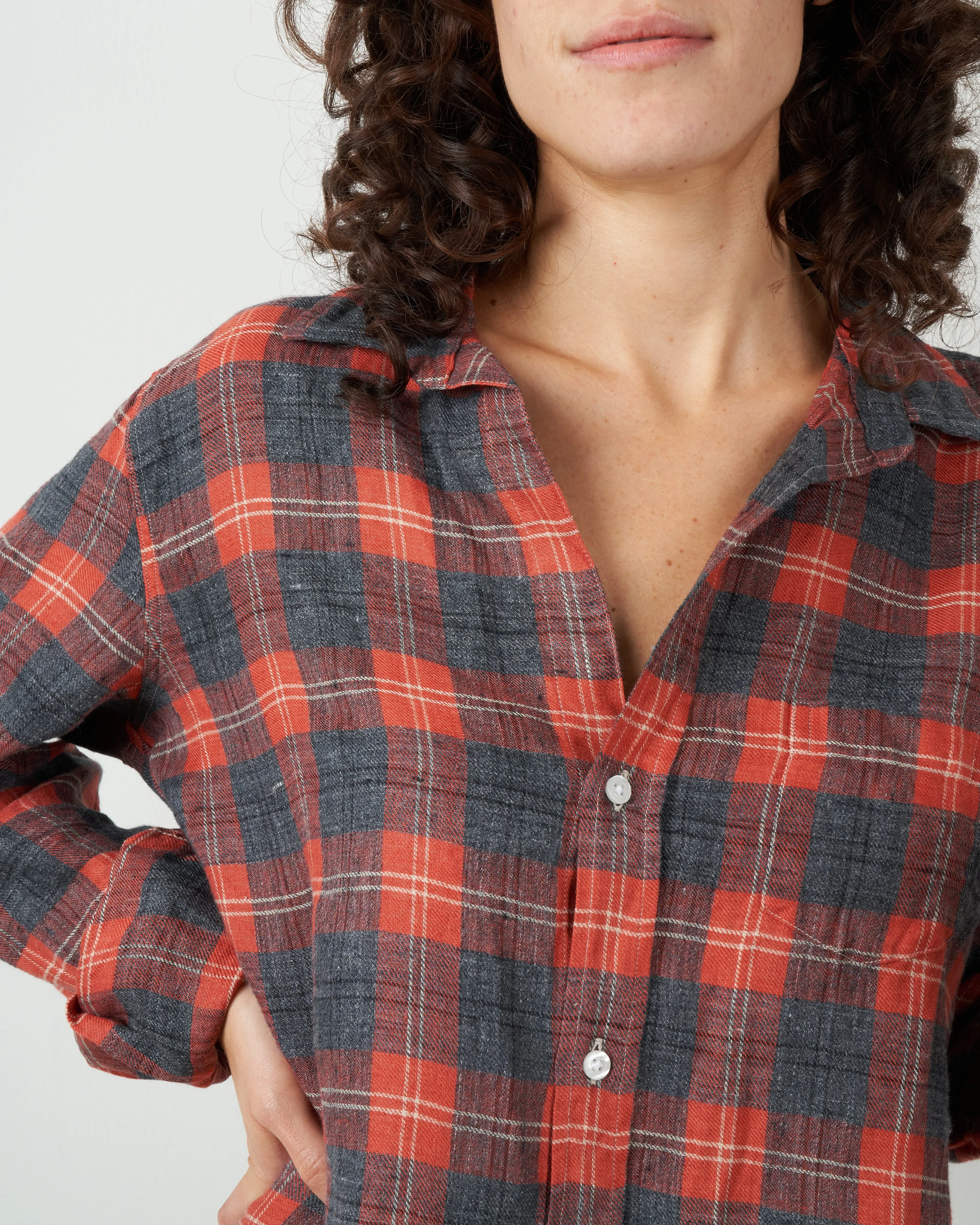 barry linen flannel button down - salmon & grey plaid