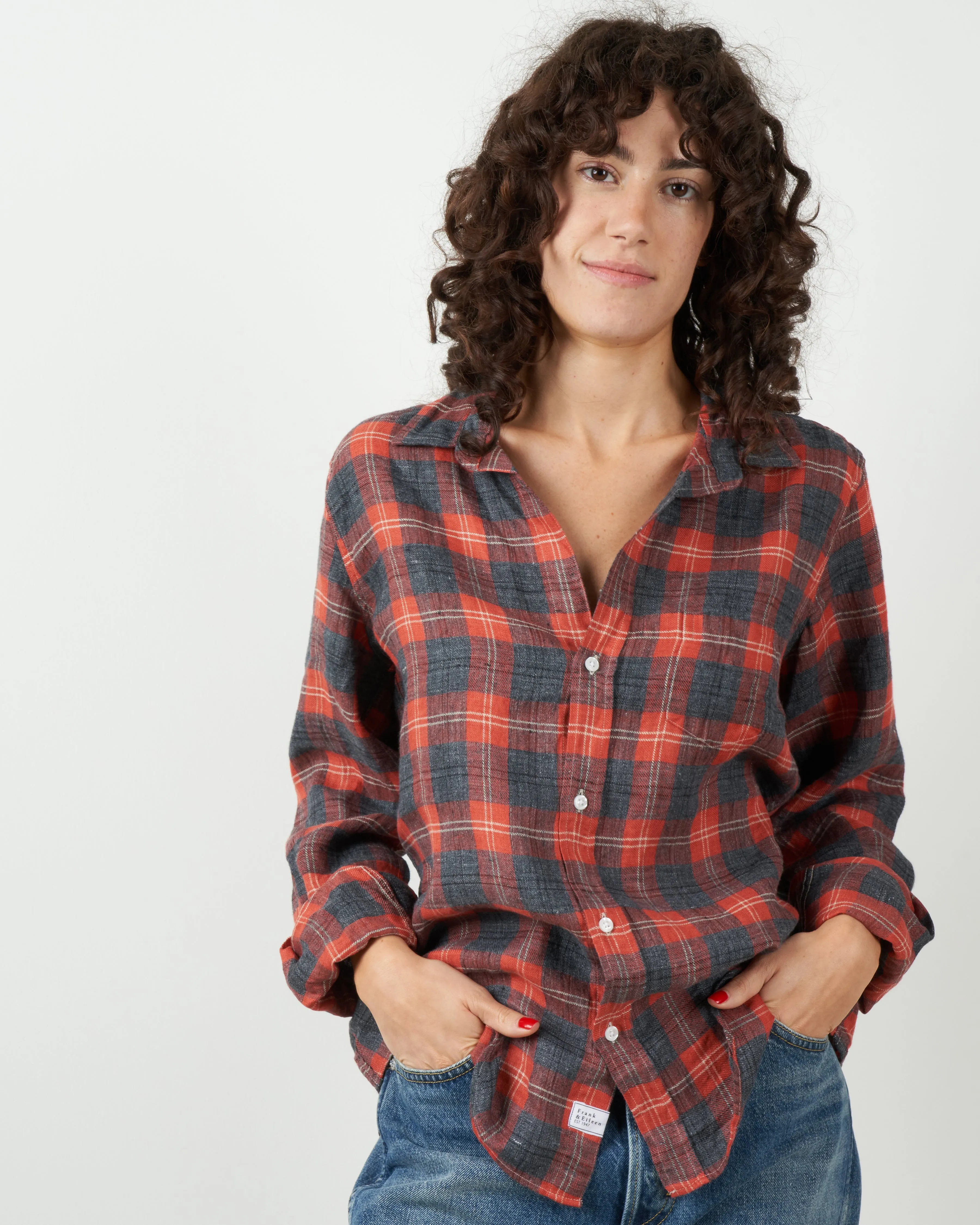 barry linen flannel button down - salmon & grey plaid