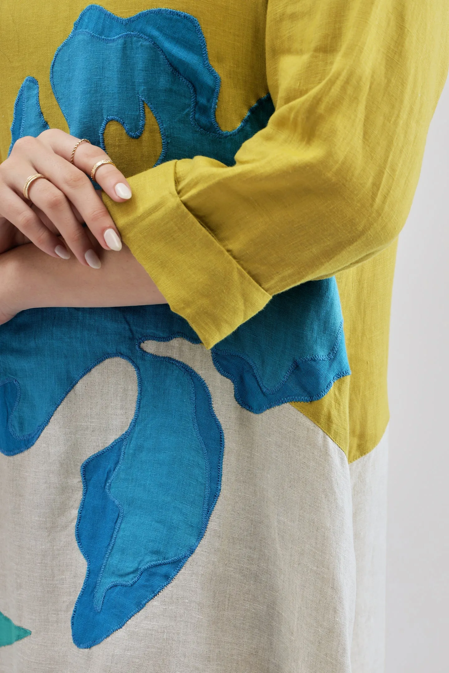 Beige & Lime Dress with Turquoise Embroidery