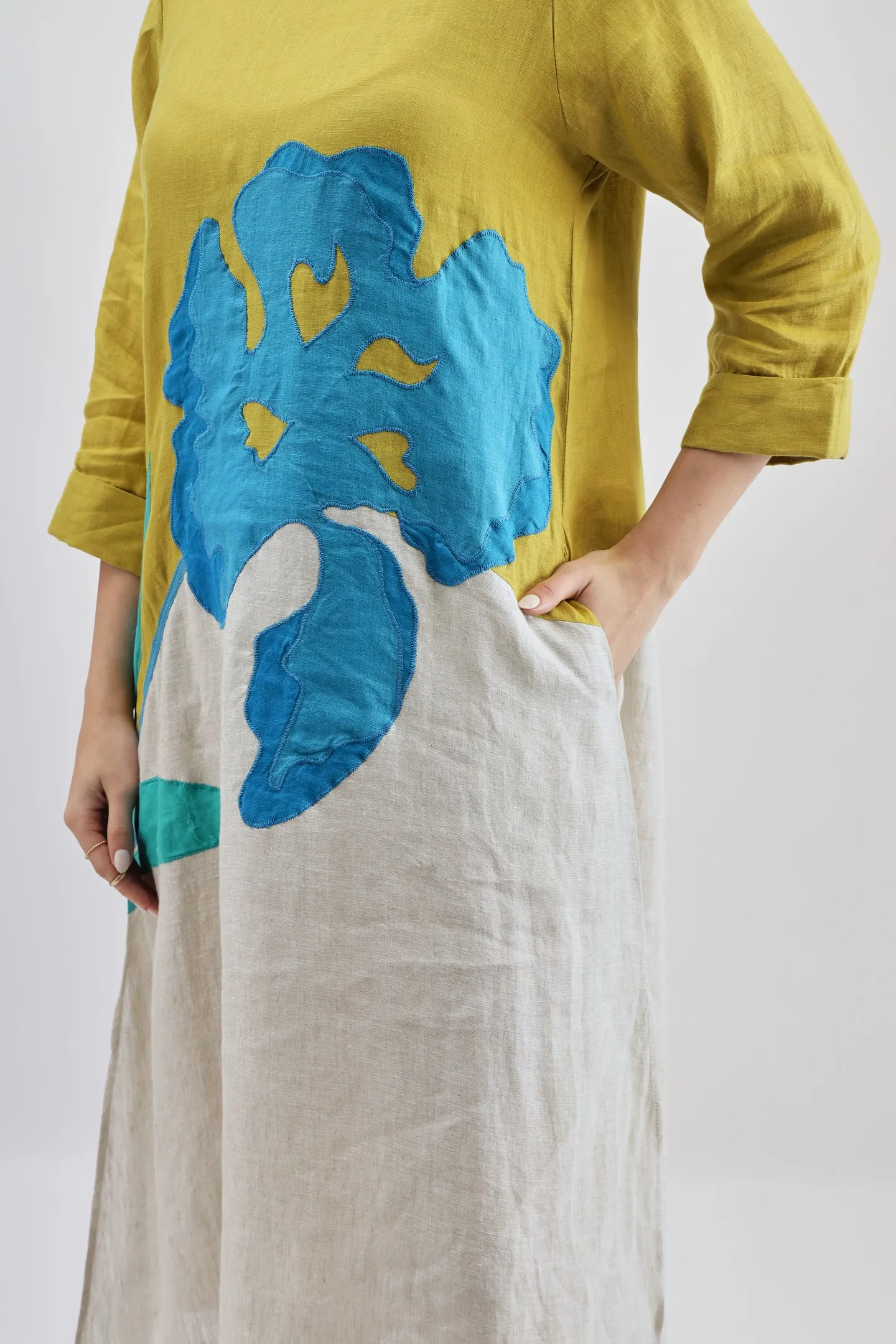 Beige & Lime Dress with Turquoise Embroidery