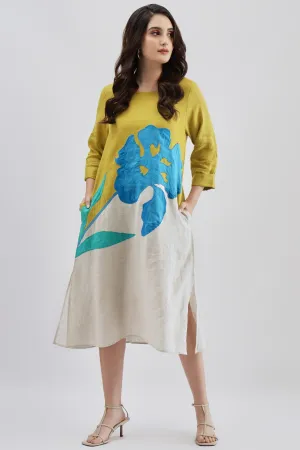 Beige & Lime Dress with Turquoise Embroidery